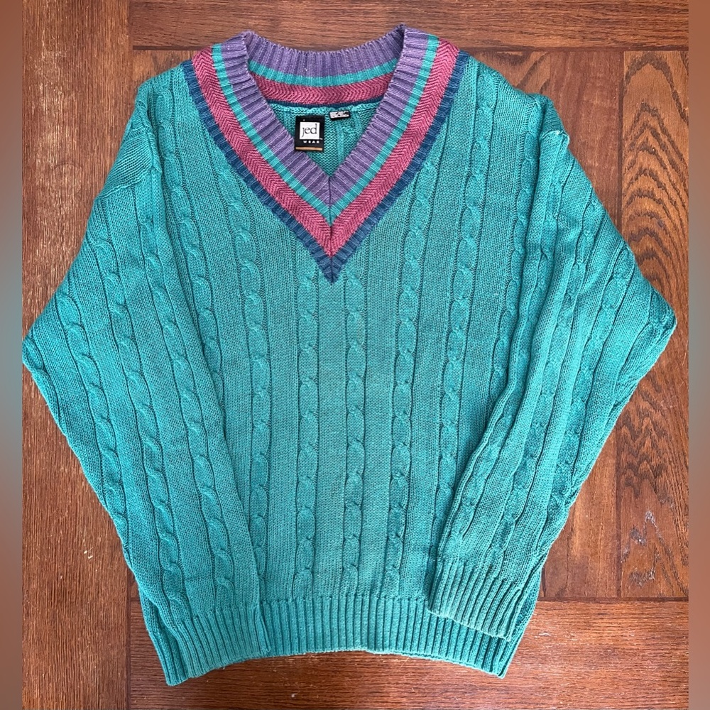 Vintage Jed Wear 90s V Neck Sweater Men’s Size Large Aqua Pink Purple
